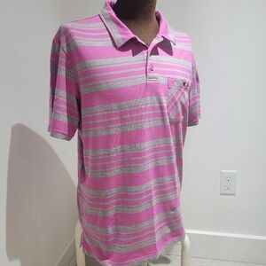 Oakley Men's Striped Collared Polo Shirt Size Large Pink Gray Golf Athleisure
